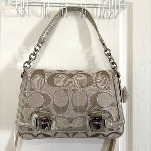 Coach Poppy Signature Pushlock Flap Messenger Bag Handbag Khaki Silver 18352 NEW